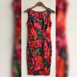 Kay Unger Floral Silk Blend V-Neck Sleeveless Pansy Floral Gathered Pencil Dress